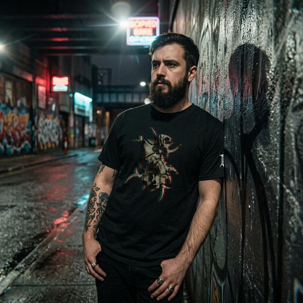 Model wearing the Sepultura QUADRA AR T-shirt on the street